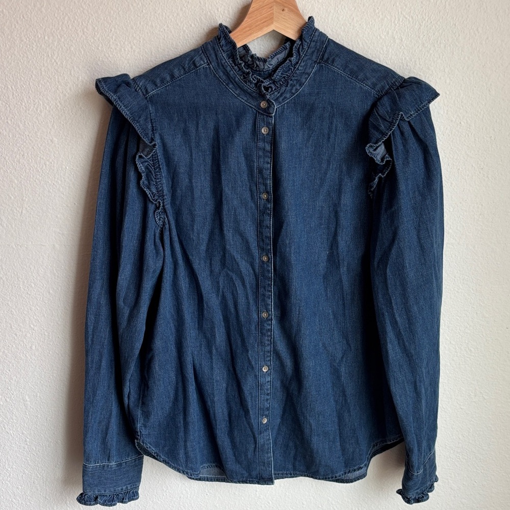 GAP Womens Ruffle Trim Long Sleeve Denim Chambray Feminine Shirt Large